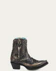 A4829 - WOMEN'S BONE OVERLAY, EMBROIDERY AND STUDS BLACK SNIP TOE ANKLE COWBOY BOOT