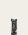 A4829 - WOMEN'S BONE OVERLAY, EMBROIDERY AND STUDS BLACK SNIP TOE ANKLE COWBOY BOOT