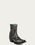 A4829 - WOMEN'S BONE OVERLAY, EMBROIDERY AND STUDS BLACK SNIP TOE ANKLE COWBOY BOOT