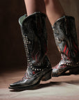 A4833 - WOMEN'S BONE OVERLAY EMBROIDERY AND STUDS BLACK SNIP TOE COWBOY BOOT
