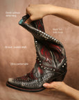 A4833 - WOMEN'S BONE OVERLAY EMBROIDERY AND STUDS BLACK SNIP TOE COWBOY BOOT