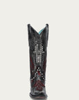 A4833 - WOMEN'S BONE OVERLAY EMBROIDERY AND STUDS BLACK SNIP TOE COWBOY BOOT