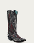 A4833 - WOMEN'S BONE OVERLAY EMBROIDERY AND STUDS BLACK SNIP TOE COWBOY BOOT
