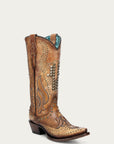 A4834 - WOMEN'S OVERLAY EMBROIDERY AND STUDS SAND SNIP TOE COWBOY BOOT