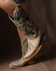 A4840 - WOMEN'S WOVEN EMBROIDERY AND STUDS WIDE SQUARE TOE SAND COWBOY BOOT