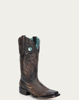 A4841 - WOMEN'S EMBROIDERY AND OVERLAY WITH RUBBER APPLICATIONS BAND BLACKED HONEY WIDE SQUARE TOE COWBOY BOOT WITH PULL HOLES