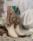 A4850 - WOMEN'S FLORAL AND HORSE-SHOE EMBROIDERY, WOVEN AND OVERLAY COWHIDE AND OSTRICH SQUARE TOE IVORY COWBOY BOOT