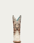 A4850 - WOMEN'S FLORAL AND HORSE-SHOE EMBROIDERY, WOVEN AND OVERLAY COWHIDE AND OSTRICH SQUARE TOE IVORY COWBOY BOOT