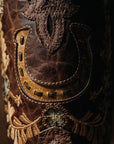 A4851 - WOMEN'S BROWN HORSHOE OVERLAY EMBROIDERY AND HANDWOVEN OSTRICH SQUARE TOE COWBOY BOOT