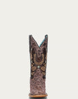 A4851 - WOMEN'S BROWN HORSHOE OVERLAY EMBROIDERY AND HANDWOVEN OSTRICH SQUARE TOE COWBOY BOOT