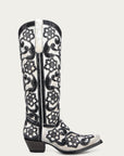 A4866 - WOMEN'S BLACK FLORAL OVERLAY EMBROIDERY AND SEQUINS SNIP TOE TALL TOP WHITE COWBOY BOOT