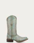 A4880 - WOMEN'S GLITTER INLAY AND EMBROIDERY TURQUOISE SQUARE TOE COWBOY BOOT