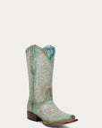 A4880 - WOMEN'S GLITTER INLAY AND EMBROIDERY TURQUOISE SQUARE TOE COWBOY BOOT
