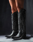 A4943 - WOMEN'S BLACK EMBROIDERY OVERLAY AND ENCAPSULATED STUDS TALL TOP SNIP TOE COWBOY BOOT