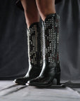 A4945 - WOMEN'S BONE OVERLAY EMBROIDERY AND STUDS BLACK NARROW SQUARE TOE TALL TOP COWBOY BOOT