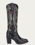 A4945 - WOMEN'S BONE OVERLAY EMBROIDERY AND STUDS BLACK NARROW SQUARE TOE TALL TOP COWBOY BOOT