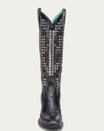 A4945 - WOMEN'S BONE OVERLAY EMBROIDERY AND STUDS BLACK NARROW SQUARE TOE TALL TOP COWBOY BOOT