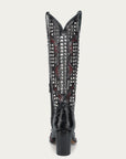 A4945 - WOMEN'S BONE OVERLAY EMBROIDERY AND STUDS BLACK NARROW SQUARE TOE TALL TOP COWBOY BOOT