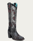 A4945 - WOMEN'S BONE OVERLAY EMBROIDERY AND STUDS BLACK NARROW SQUARE TOE TALL TOP COWBOY BOOT