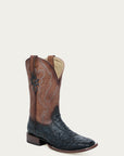 A4975 - MEN'S BROWN EMBROIDERY NAVY BLUE OSTRICH WIDE SQUARE TOE COWBOY BOOT WITH LEATHER SOLE AND RUBBER INSERT