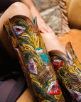 A4980 - WOMEN’S HAND PAINTED AND TOOLED HUMMINGBIRD BROWN TALL TOP SNIP TOE COWBOY BOOT