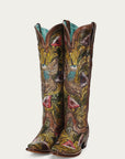 A4980 - WOMEN’S HAND PAINTED AND TOOLED HUMMINGBIRD BROWN TALL TOP SNIP TOE COWBOY BOOT