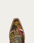 A4980 - WOMEN’S HAND PAINTED AND TOOLED HUMMINGBIRD BROWN TALL TOP SNIP TOE COWBOY BOOT