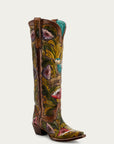 A4980 - WOMEN’S HAND PAINTED AND TOOLED HUMMINGBIRD BROWN TALL TOP SNIP TOE COWBOY BOOT