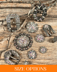 Antique Silver AB Crystal Conchos - Sizes from 1"- 3" and Buckles