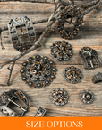 Antique Silver Champagne, Jet Crystal Conchos - Sizes from 1"- 3" and Buckles