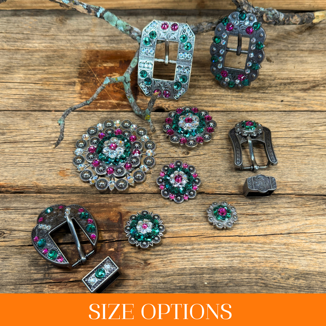 Antique Silver Fuchsia, Clear and Emerald  Crystal Conchos - Sizes from 1"- 3" and Buckles
