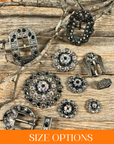 Antique Silver Jet, AB Crystal Conchos - Sizes from 1"- 3" and Buckles