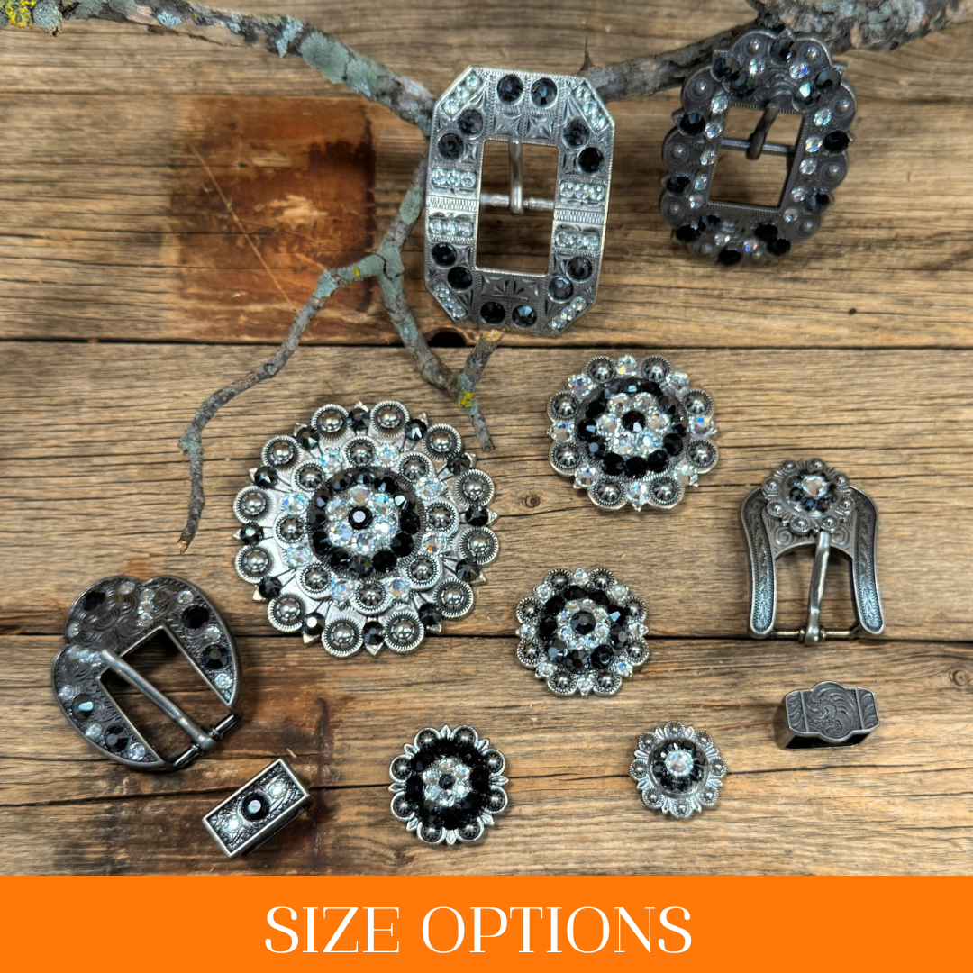 Antique Silver Jet, Clear Crystal Conchos - Sizes from 1"- 3" and Buckles