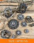 Antique Silver Light Sapphire, Clear, and Lilac Crystal Conchos - Sizes from 1"- 3" and Buckles