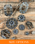 Antique Silver Light Sapphire, Jet Crystal Conchos - Sizes from 1"- 3" and Buckles