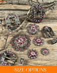 Antique Silver Pink, AB Crystal Conchos - Sizes from 1"- 3" and Buckles