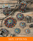 Antique Silver Tie Dye Crystal Conchos - Sizes from 1"- 3" and Buckles