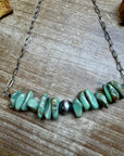 Green Turquoise Chip Necklace – Sterling Silver Pearl Accent – Paperclip Chain