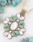 Barcelona Blue Turquoise and Mother of Pearl Golden Statement Necklace