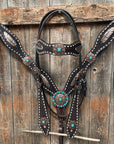 Dark Oil Buckstitch Copper and Turquoise Browband / One Ear / Breastcollar Buckstitch Tack Set