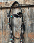 Dark Oil Buckstitch Copper and Turquoise Browband / One Ear / Breastcollar Buckstitch Tack Set
