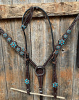 Dark Floral Turquoise Browband/One Ear Tack Set with Wither Strap