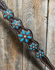 Dark Floral Turquoise Browband/One Ear Tack Set with Wither Strap