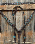 Dark Floral Turquoise Browband/One Ear Tack Set with Wither Strap