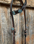 Dark Floral Turquoise Browband/One Ear Tack Set with Wither Strap