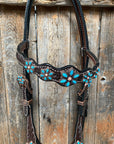 Dark Floral Turquoise Browband/One Ear Tack Set with Wither Strap