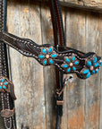 Dark Floral Turquoise Browband/One Ear Tack Set with Wither Strap