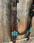 Dark Floral Turquoise Browband/One Ear Tack Set with Wither Strap