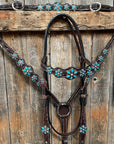 Dark Floral Turquoise Browband/One Ear Tack Set with Wither Strap