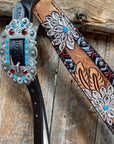 Two Toned Hand Painted Flower Turquoise/Ruby Browband/One Ear Tack Set